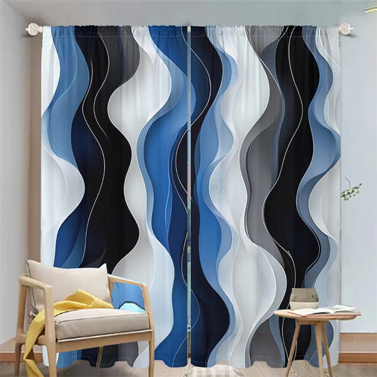 2Pcs Modern Wave Curtains 3D Blue White Black Curve Pattern