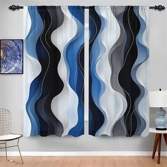 2Pcs Modern Wave Curtains 3D Blue White Black Curve Pattern