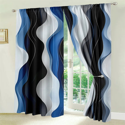 2Pcs Modern Wave Curtains 3D Blue White Black Curve Pattern