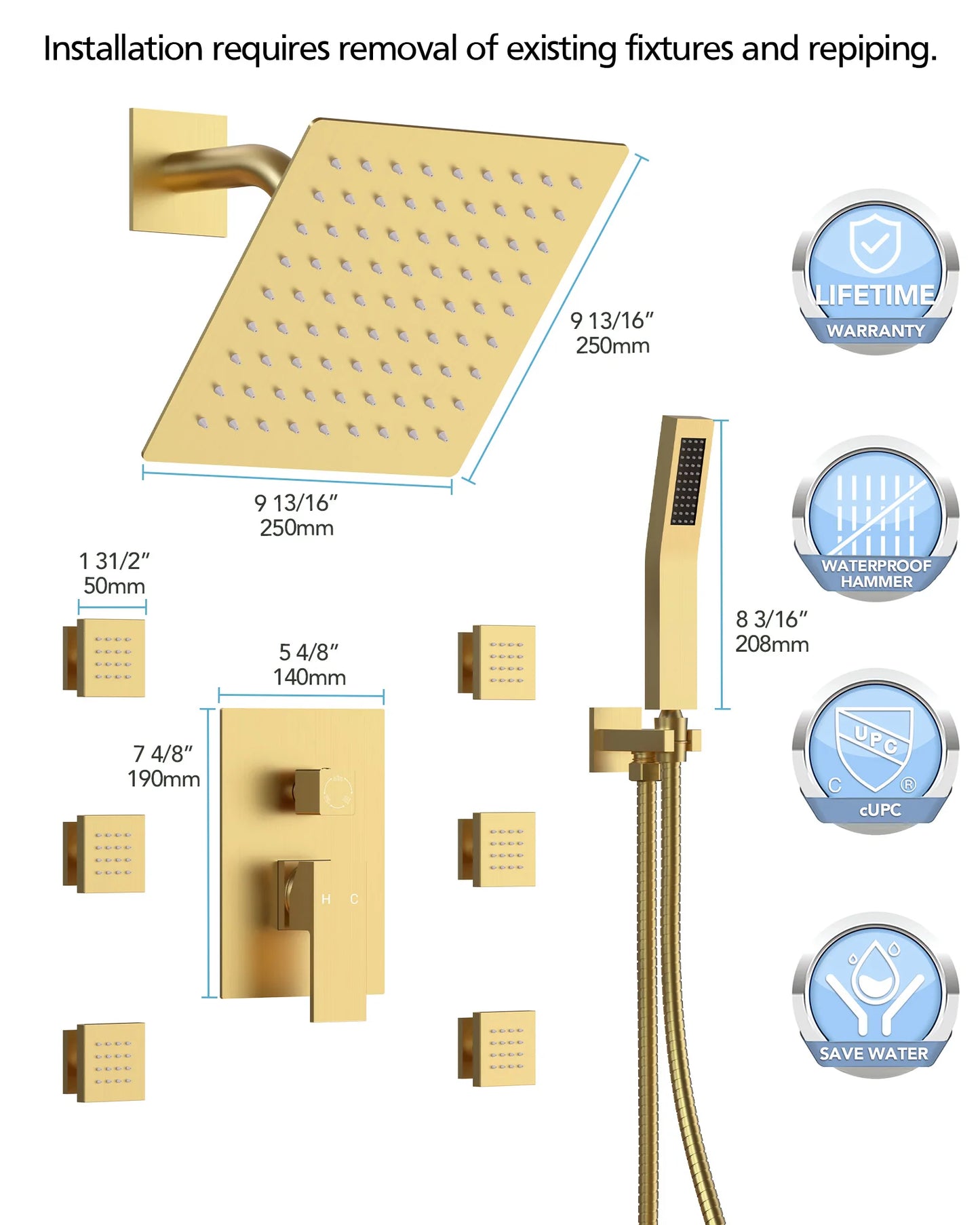 8 in. Wall Mount Shower Head Bathroom Shower System Faucet Set with Handheld Spray 6-Body Jets