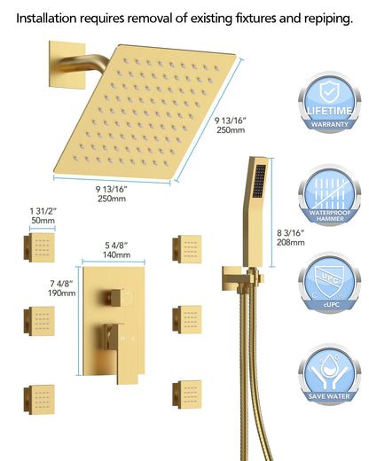 8 in. Wall Mount Shower Head Bathroom Shower System Faucet Set with Handheld Spray 6-Body Jets
