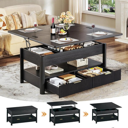 Lift Top Coffee Table, 4 in 1 Square Coffee Table with Storage Shelf & 2 Drawers, Modern Coffee Tables