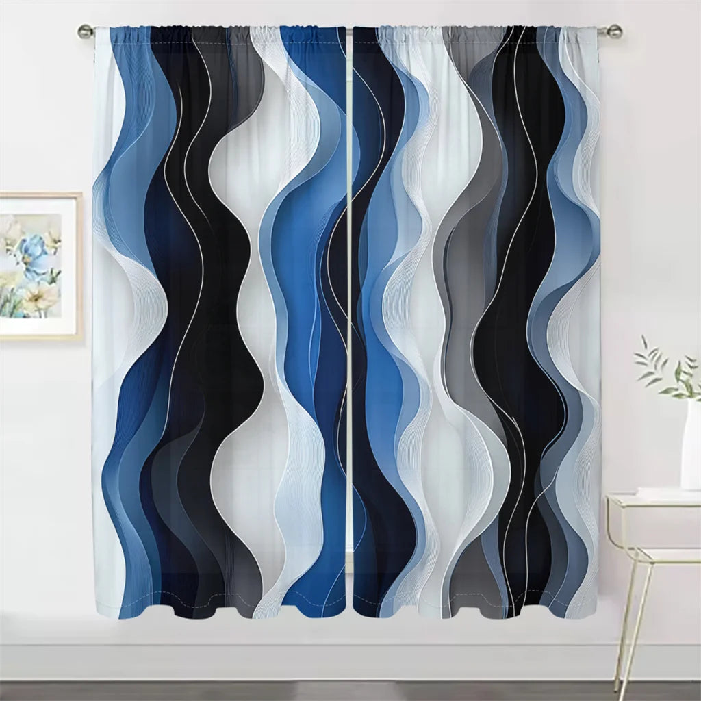 2Pcs Modern Wave Curtains 3D Blue White Black Curve Pattern