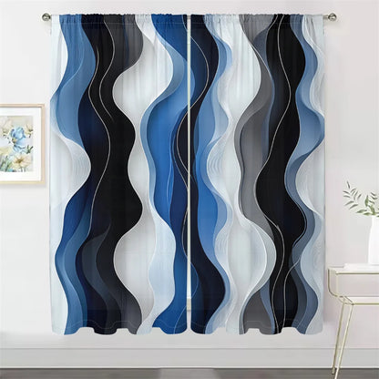 2Pcs Modern Wave Curtains 3D Blue White Black Curve Pattern