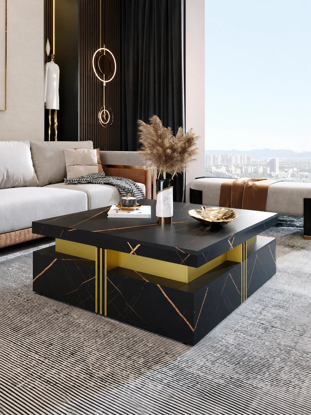 Modern Square Coffee Table with 4 Drawers, Luxury Storage Center Table
