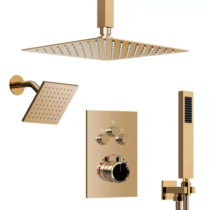 Bathroom Thermostatic Shower System Set 12-inch Ceiling Rain Dual Shower Head Faucet Set with Handheld Spray Combo