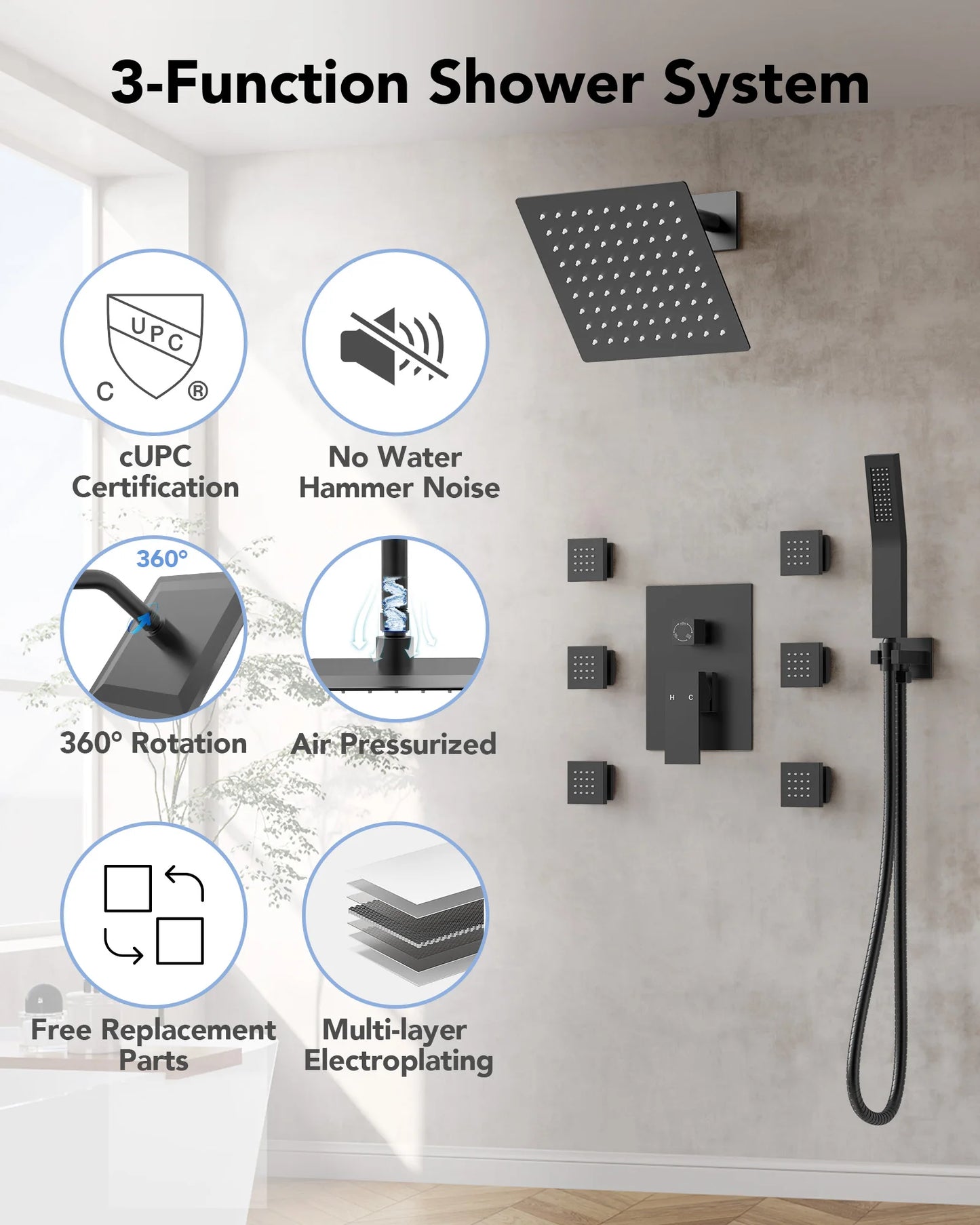 8 in. Wall Mount Shower Head Bathroom Shower System Faucet Set with Handheld Spray 6-Body Jets