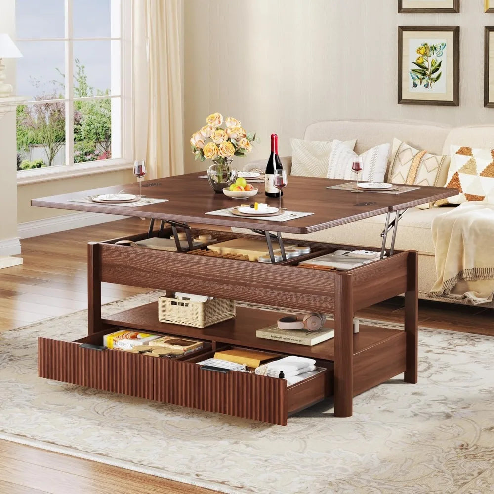 Lift Top Coffee Table, 4 in 1 Square Coffee Table with Storage Shelf & 2 Drawers, Modern Coffee Tables