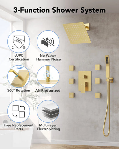 8 in. Wall Mount Shower Head Bathroom Shower System Faucet Set with Handheld Spray 6-Body Jets