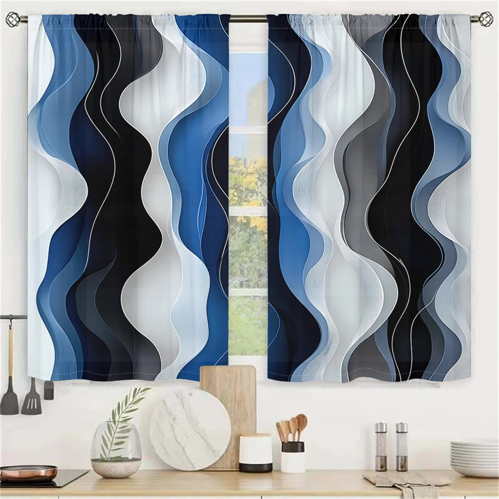 2Pcs Modern Wave Curtains 3D Blue White Black Curve Pattern