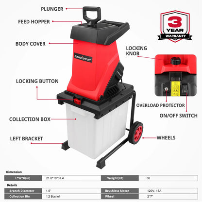 15Amp Electric Wood Chipper Leaf Mulcher w/ Collection Bin PS12A