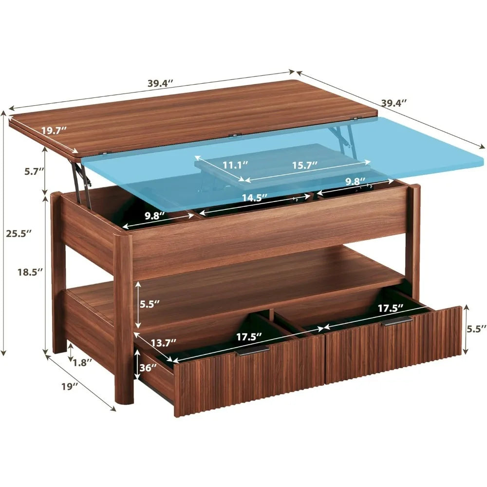 Lift Top Coffee Table, 4 in 1 Square Coffee Table with Storage Shelf & 2 Drawers, Modern Coffee Tables