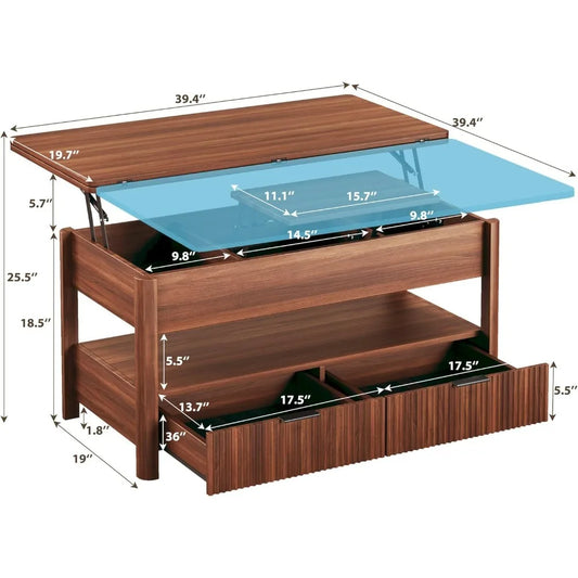 Lift Top Coffee Table, 4 in 1 Square Coffee Table with Storage Shelf & 2 Drawers, Modern Coffee Tables