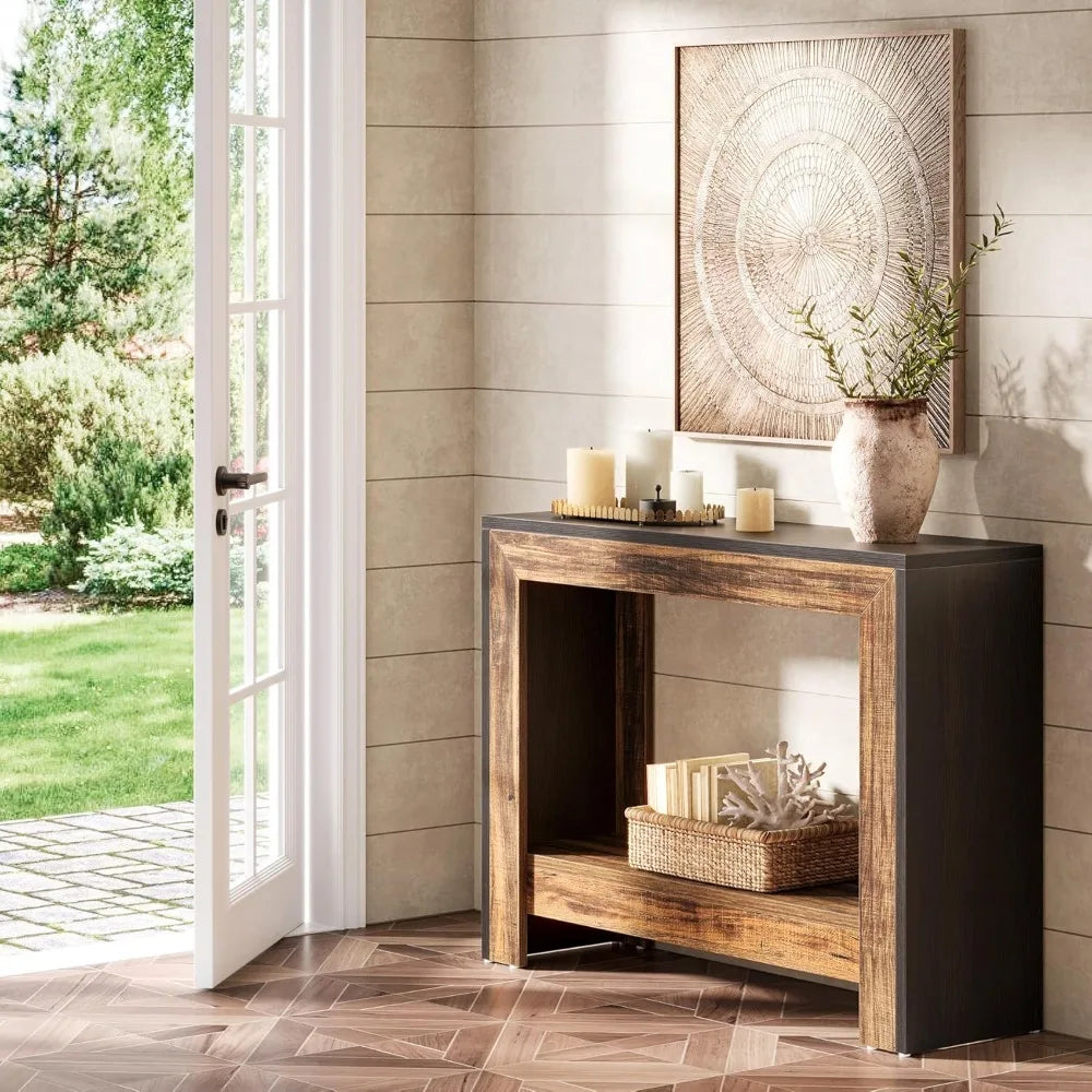 Farmhouse Console Table, Behind Couch Sofa Table with Open Storage Shelves