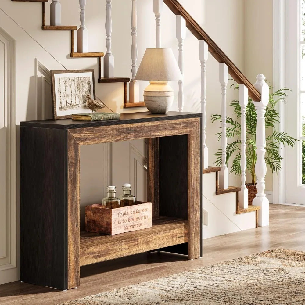 Farmhouse Console Table, Behind Couch Sofa Table with Open Storage Shelves