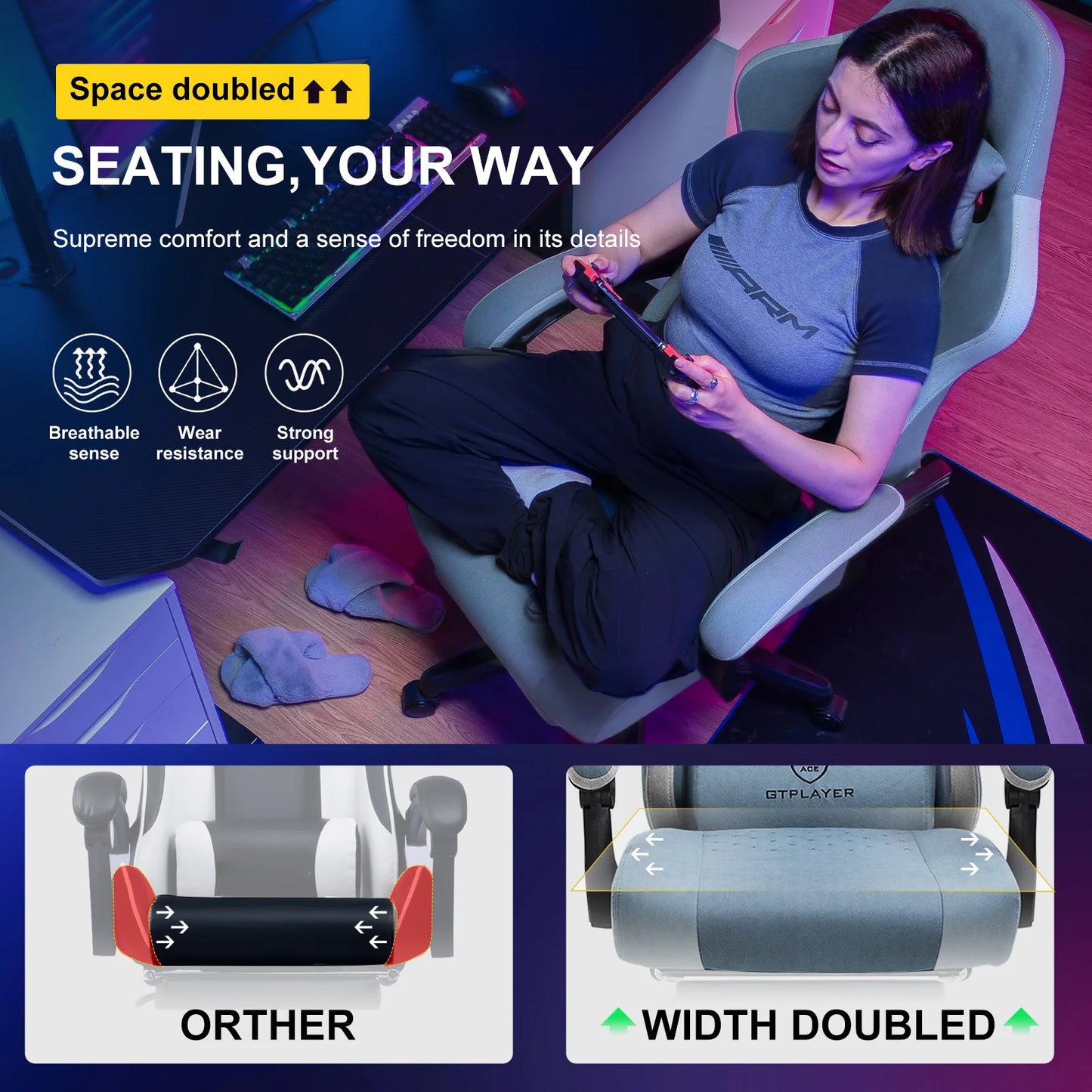 Gaming Chair with Pocket Spring Cushion, Linkage Armrests & Footrest, Ergonomic Office Chair with Lumbar Support