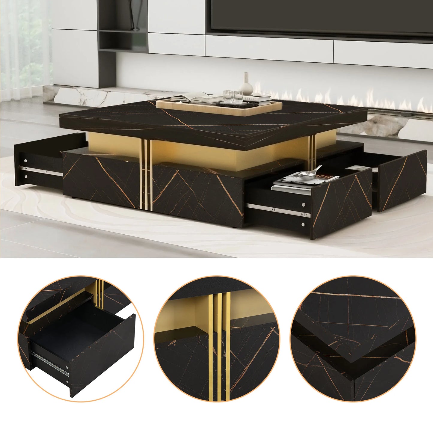 Modern Square Coffee Table with 4 Drawers, Luxury Storage Center Table