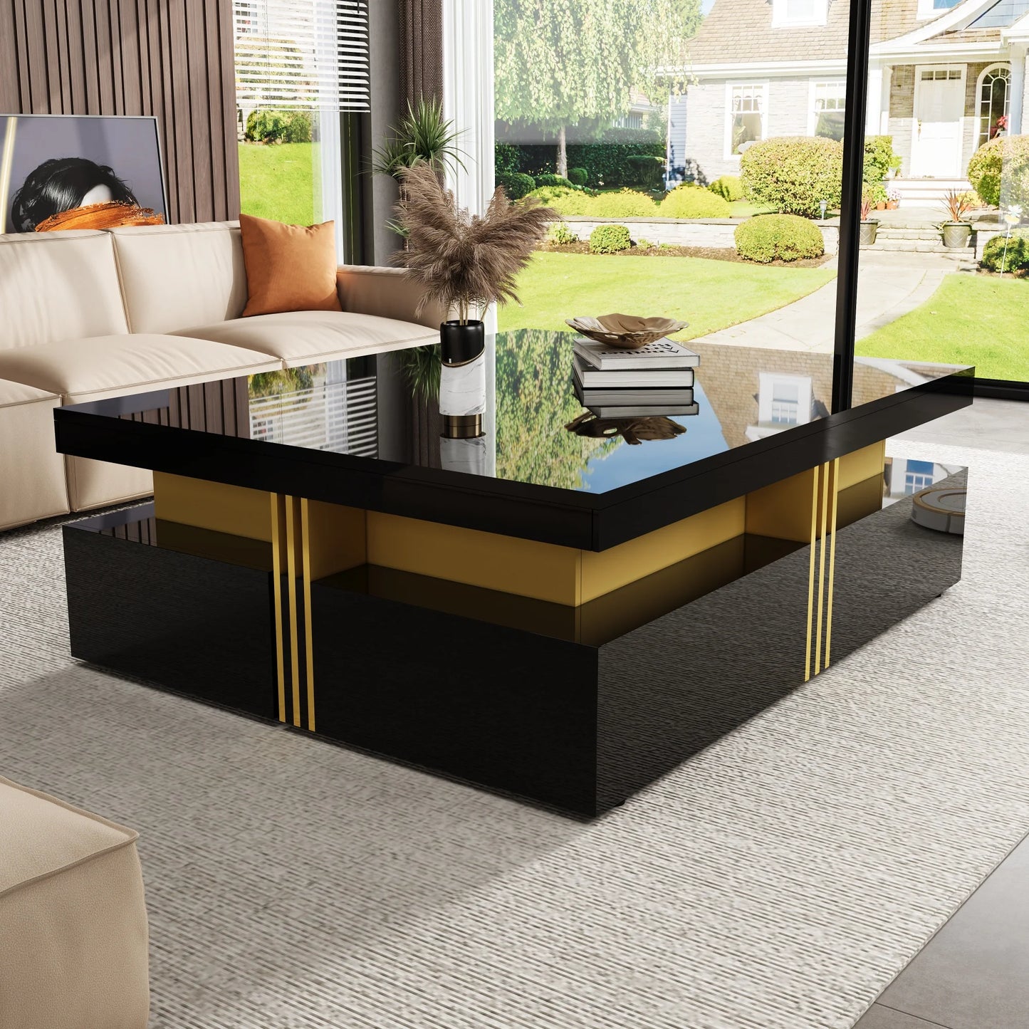 Modern Square Coffee Table with 4 Drawers, Luxury Storage Center Table
