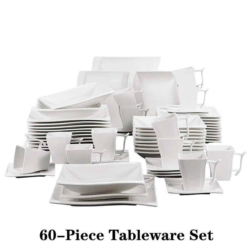 White Porcelain Dinner Set with 12*Cup, Saucer, Dessert Soup Dinner Plate Tableware