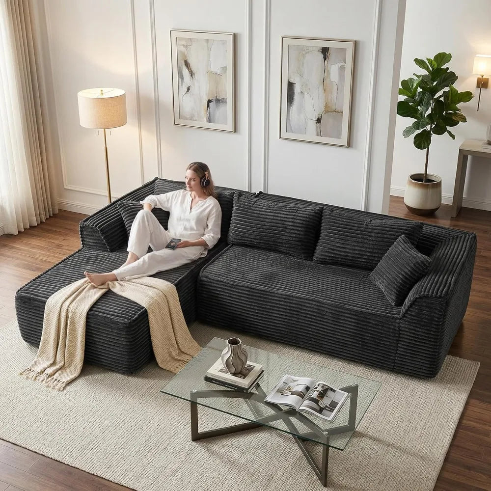 Boneless Couch with Chaise, Deep Seat Comfy Cloud Modular Sofa Corduroy Memory Foam Sectional Couches