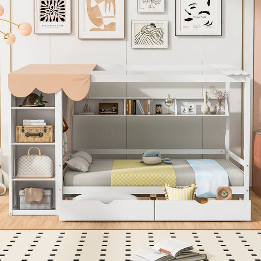 Full size House Bed with Two Drawers and Wardrobe,sturdy construction and Unique design,White/Gray /Natural.