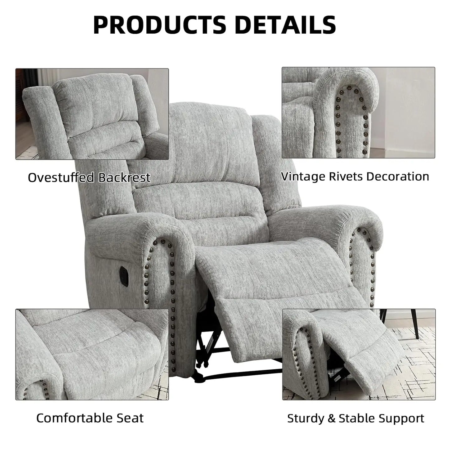 Manual Recliner Chair Comfortable Arms Back Living Room White Grey Custom