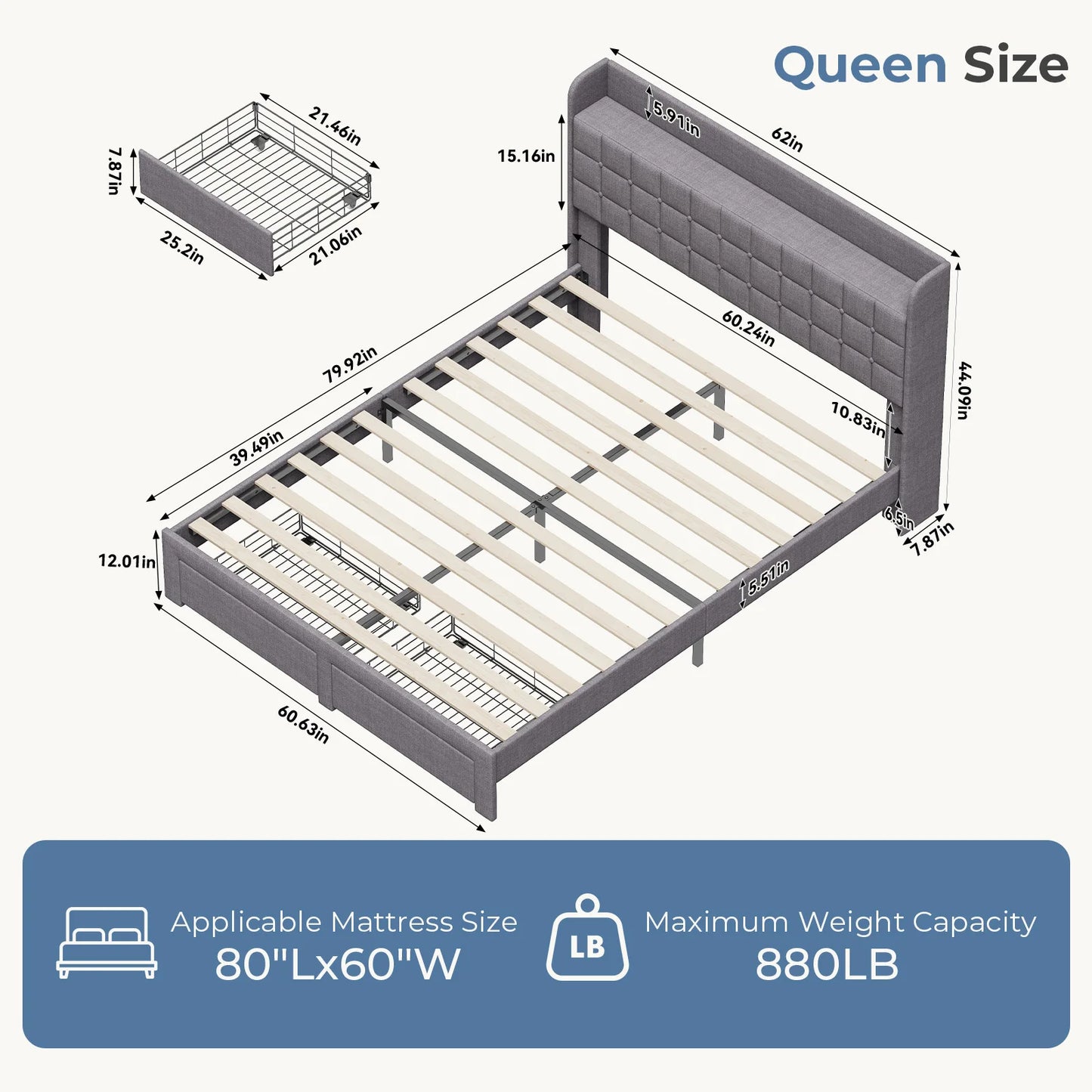 Wood Bed Frame with 2 Storage Drawers Fabric Headboard Upholstered Platform Bed Frame Wooden Slats