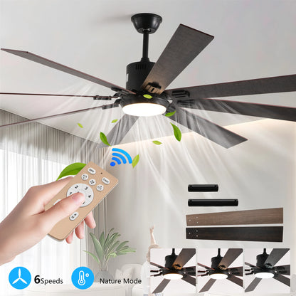 Walnut LED Ceiling Fan Light with 8 Wooden Blades, Remote Control, Dimmable & Adjustable Color Temperature