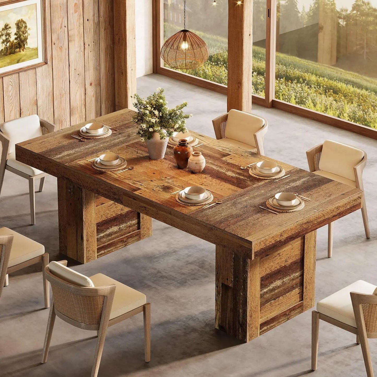 Farmhouse Dining Table for 6, Rectangle Wooden Kitchen Table with Heavy-Duty Legs, Rustic Large Dining Room, Customized