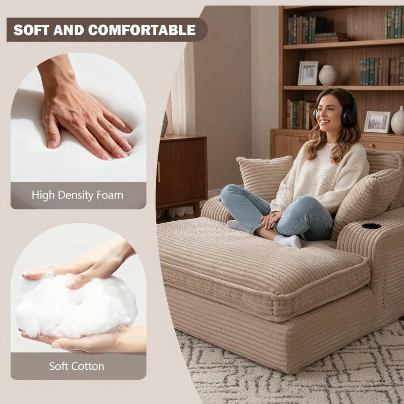 Oversized Chaise Lounge Chair Indoor, Soft Boneless Cloud Couch with 3 Pillows, 4 Side Pockets and 2 Cup Holders, Comfy Corduroy