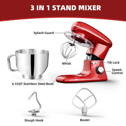 6.5 QT Electric Stand Mixer, 3-IN-1 Food Mixer with Dough Hook, Beater, Whisk, Bowl for Most Home Kitchen Cooks