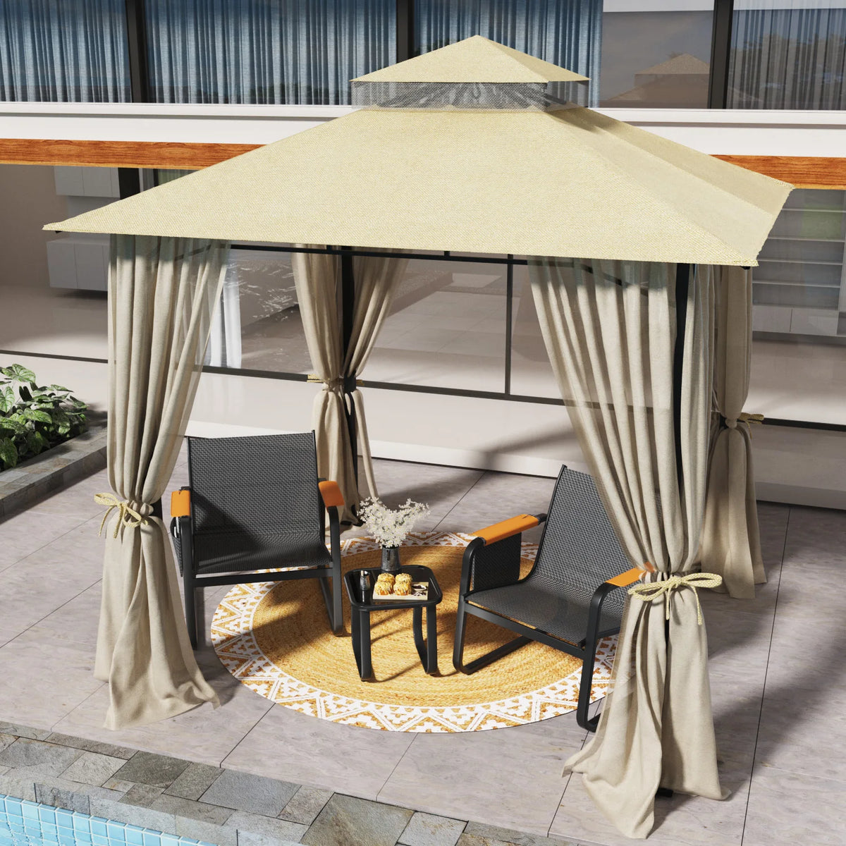 Double Tier Soft Canopy Patio Gazebo & 3-Piece Textilene Outdoor Furniture Set