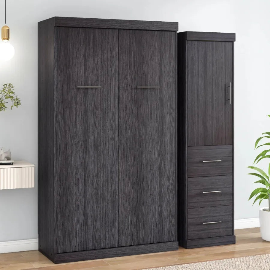 Twin Size Murphy Bed with Wardrobe and Drawers Storage Bed can be Folded into a Cabinet Gray