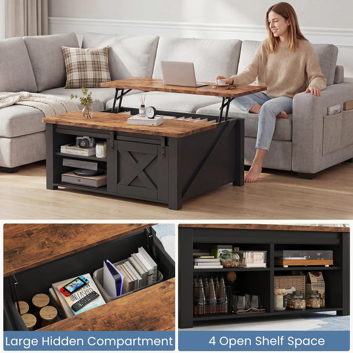 Wood Lift Top Coffee Tables Square Living Room Adjustable Storage Shelf Easy Lift Or Lower For Tea Dining Tables