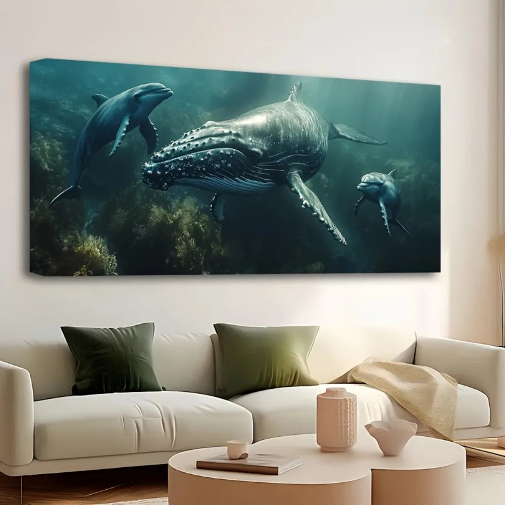 1.5 inch pine frame, wall decoration,can be hung directly,ocean whale mother and child swimming children's room canvas poster