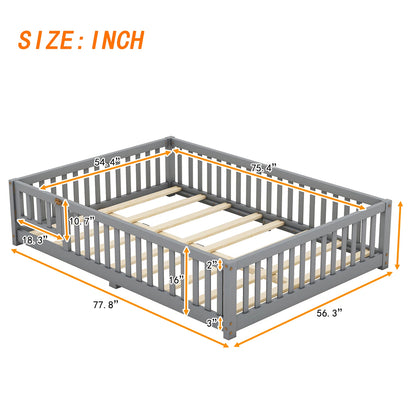 Toddler Floor Bed Frame with Safety Guardrails Doors Wood Slat Support Bed Detachable Platform Bed for Kids Bedroom Nursery