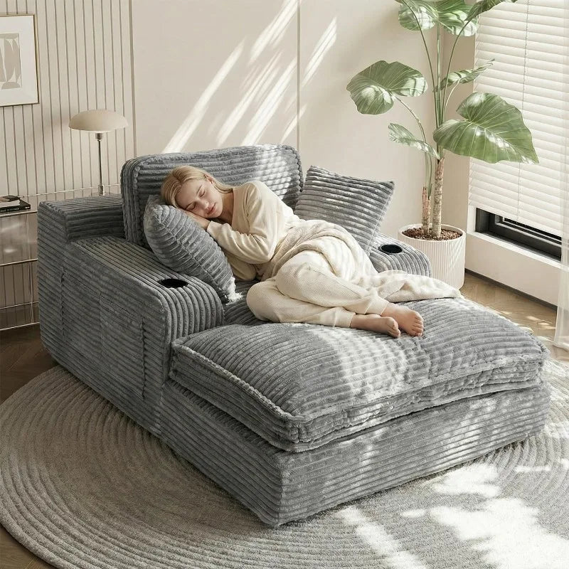 Oversized Chaise Lounge Chair Indoor, Soft Boneless Cloud Couch with 3 Pillows, 4 Side Pockets and 2 Cup Holders, Comfy Corduroy