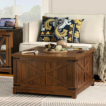 Farmhouse Coffee Table with Hidden Storage Space, Wood Square Large Center Table for Living Room, Farm House Rustic Brown