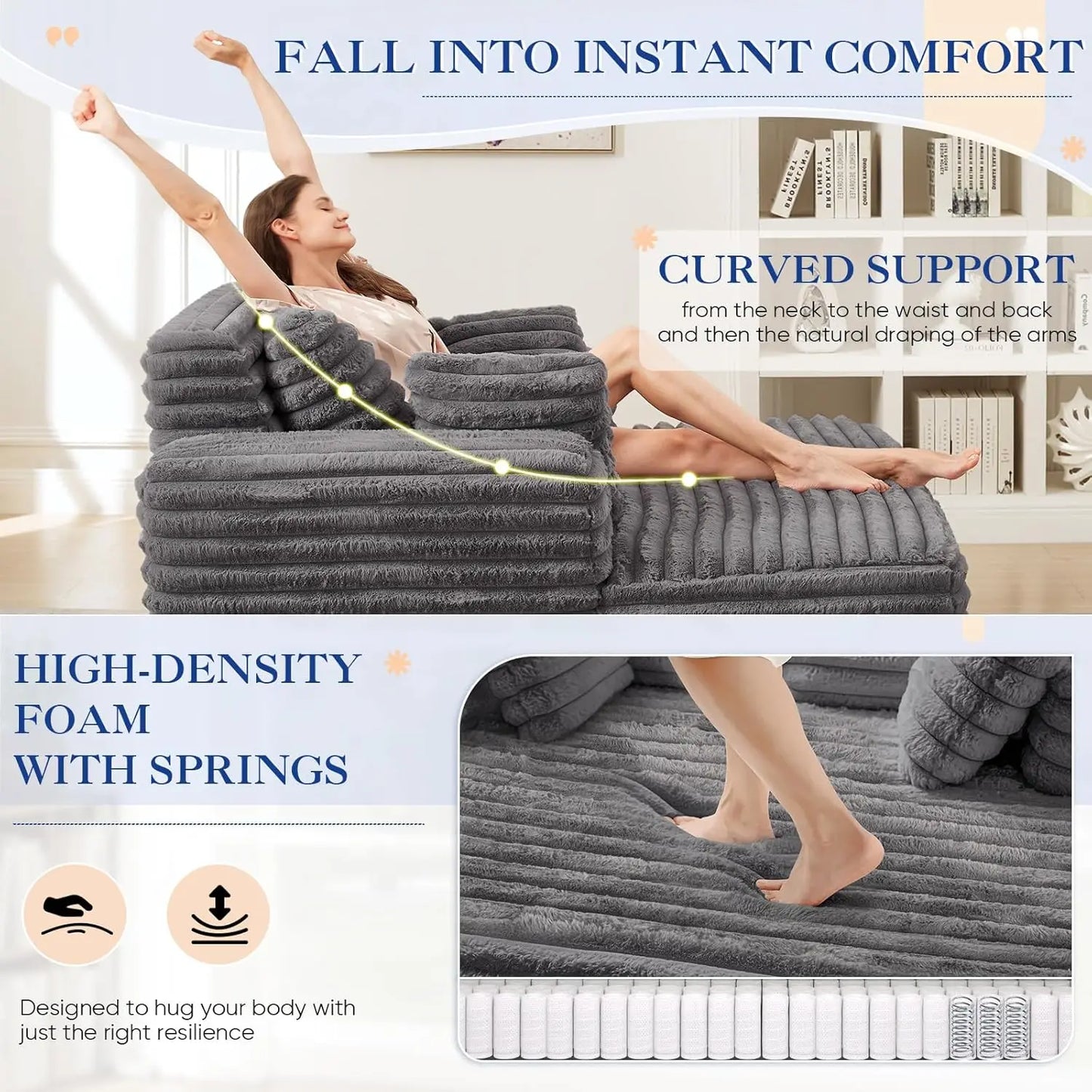 Oversized Chaise Lounge Indoor, Modern Plush Corduroy Fabric Deep Seat Boneless Memory Foam Sleeper Chaise Lounge, Customized