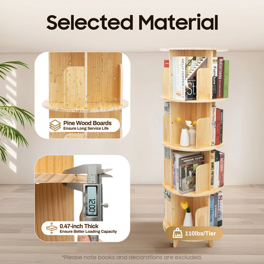 4 Tier Rotating Bookshelf with Legs,Floor Standing Stackable Wood Round Bookshelf 360 Display Book Shelf for Living Room Bedroom