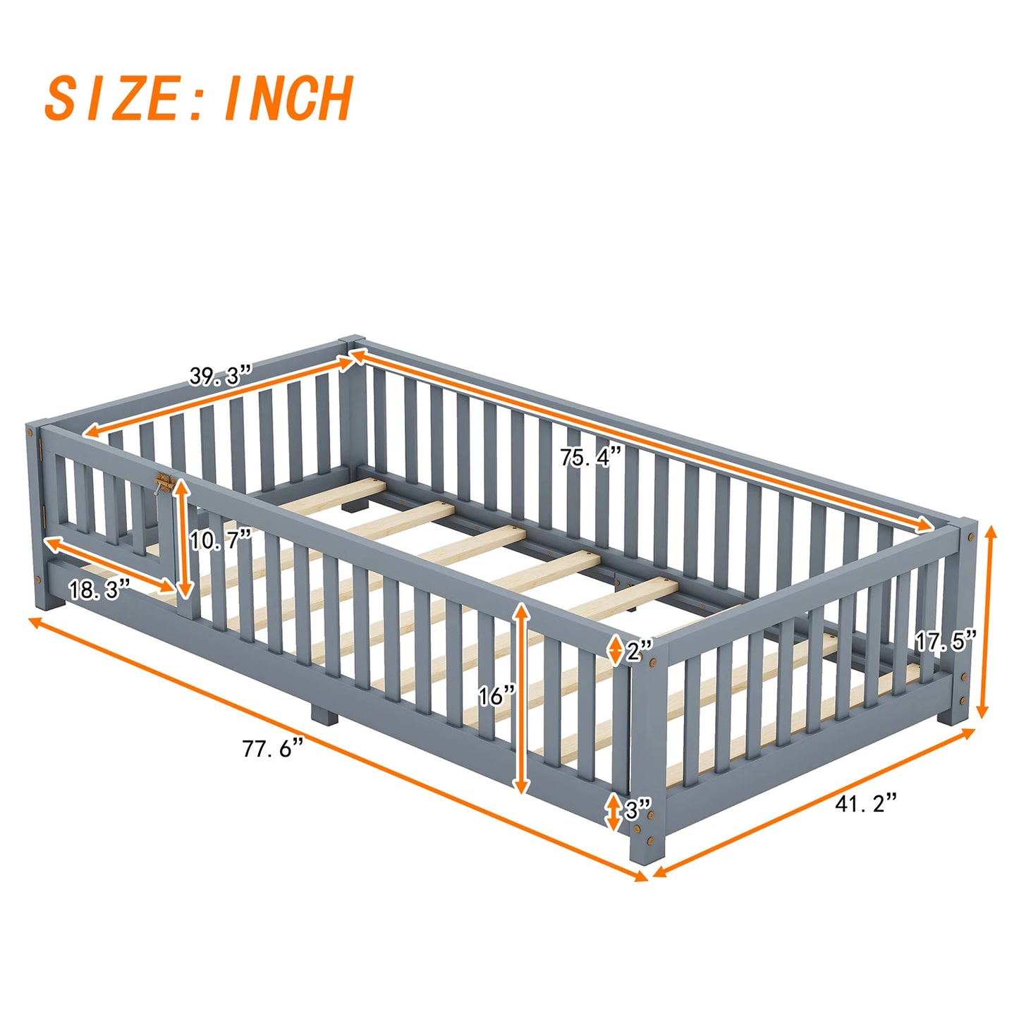 Toddler Floor Bed Frame with Safety Guardrails Doors Wood Slat Support Bed Detachable Platform Bed for Kids Bedroom Nursery