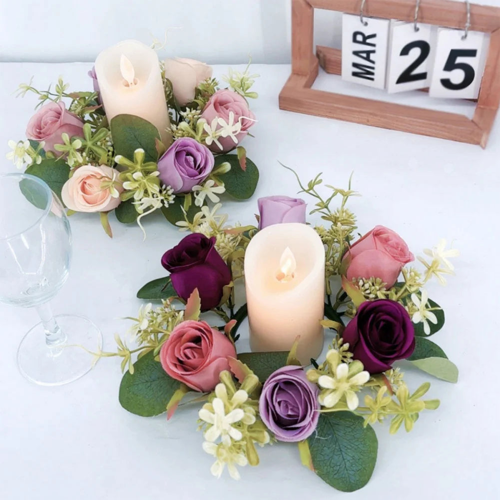 Candle Rings Candlestick Garland Artificial Rose Wreath Christmas Decoration Window Props Table Wedding Event Arrangement
