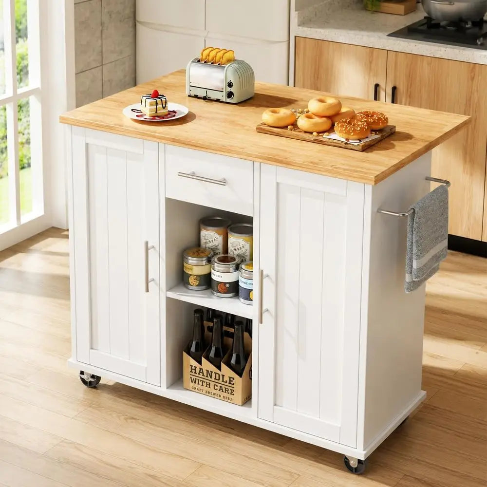 Rolling Kitchen Island Cart with Storage, Drop Lea Countertop, Ders & Towel Rack, Mobile Kitchen Table on Wheels