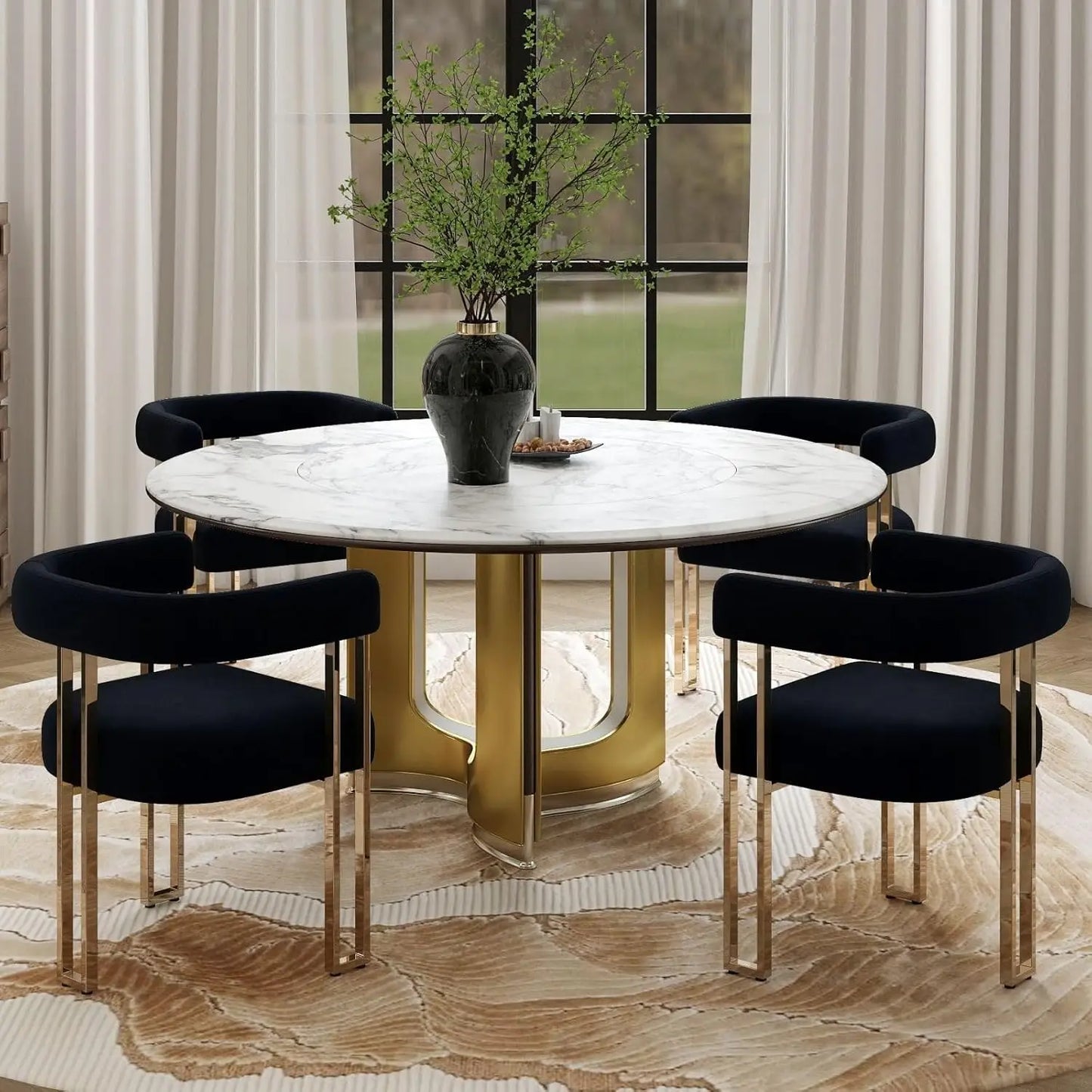 Black and Gold Modern Dining Chairs, Velvet Upholstered Barrel Armchairs with Metal Legs