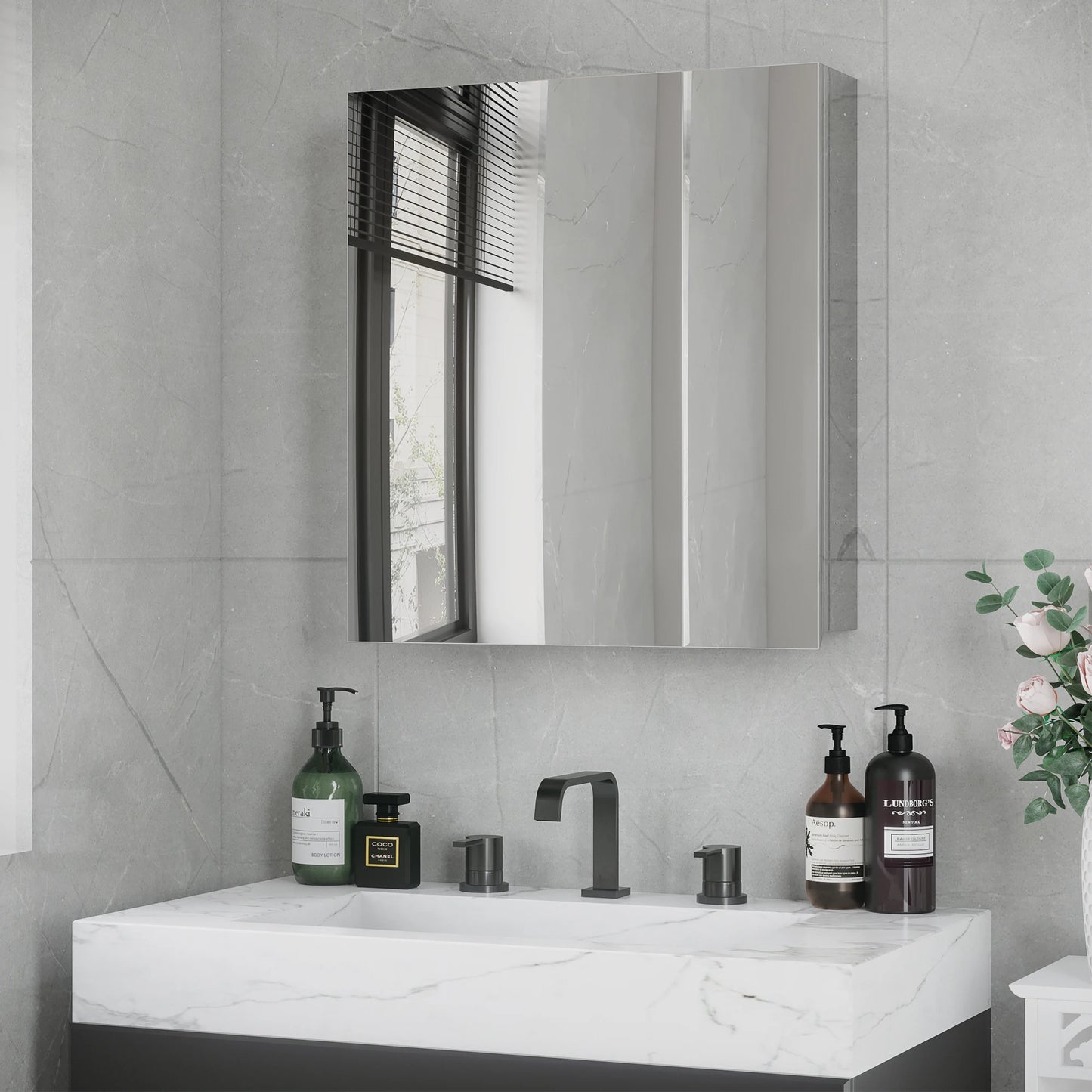 Wall-Mounted Medicine Cabinet with Mirror, Bathroom Mirror Cabinet Wall Mounted with Hinged Door, Storage Shelves