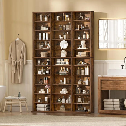 Adjustable Media Storage Cabinet, Brown Bookshelf for DVDs, CDs, Books - Living Room & Home Office