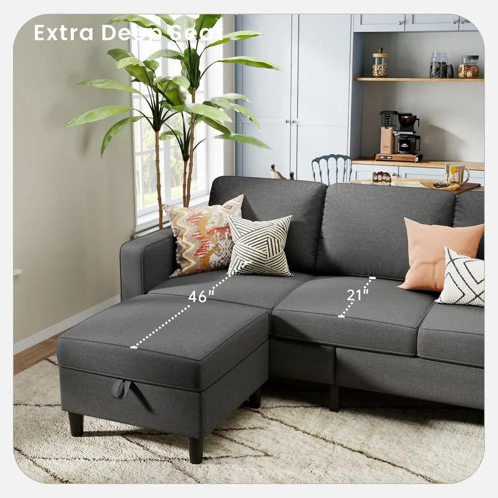 Sectional Sofa Couch 3 Seat L-Shaped Couch with Storage Ottoman