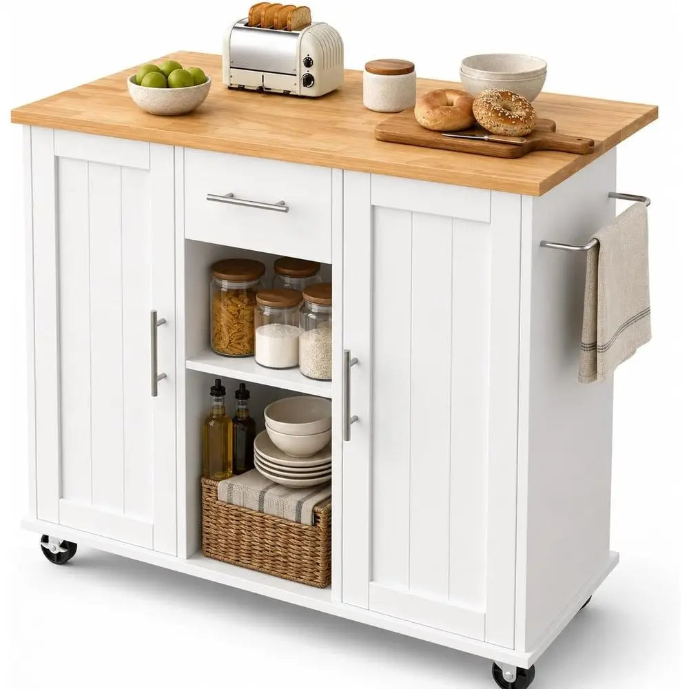 Rolling Kitchen Island Cart with Storage, Drop Lea Countertop, Ders & Towel Rack, Mobile Kitchen Table on Wheels