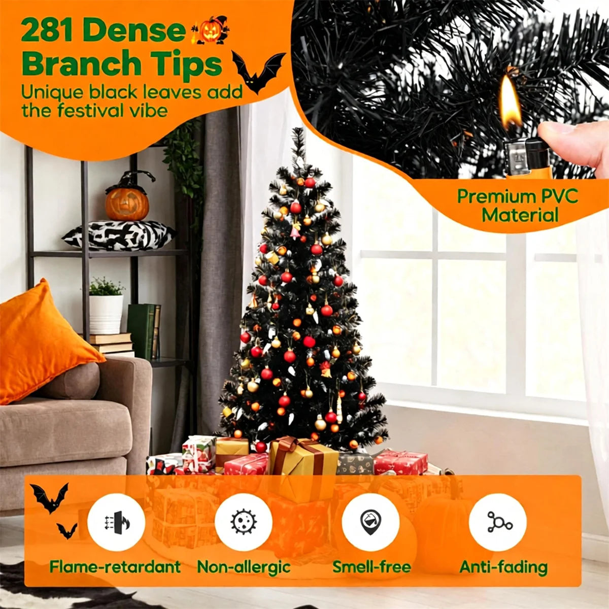 Black Halloween Tree with 65 Ghost Cold White Lights & 65 Pumpkin Orange Lights