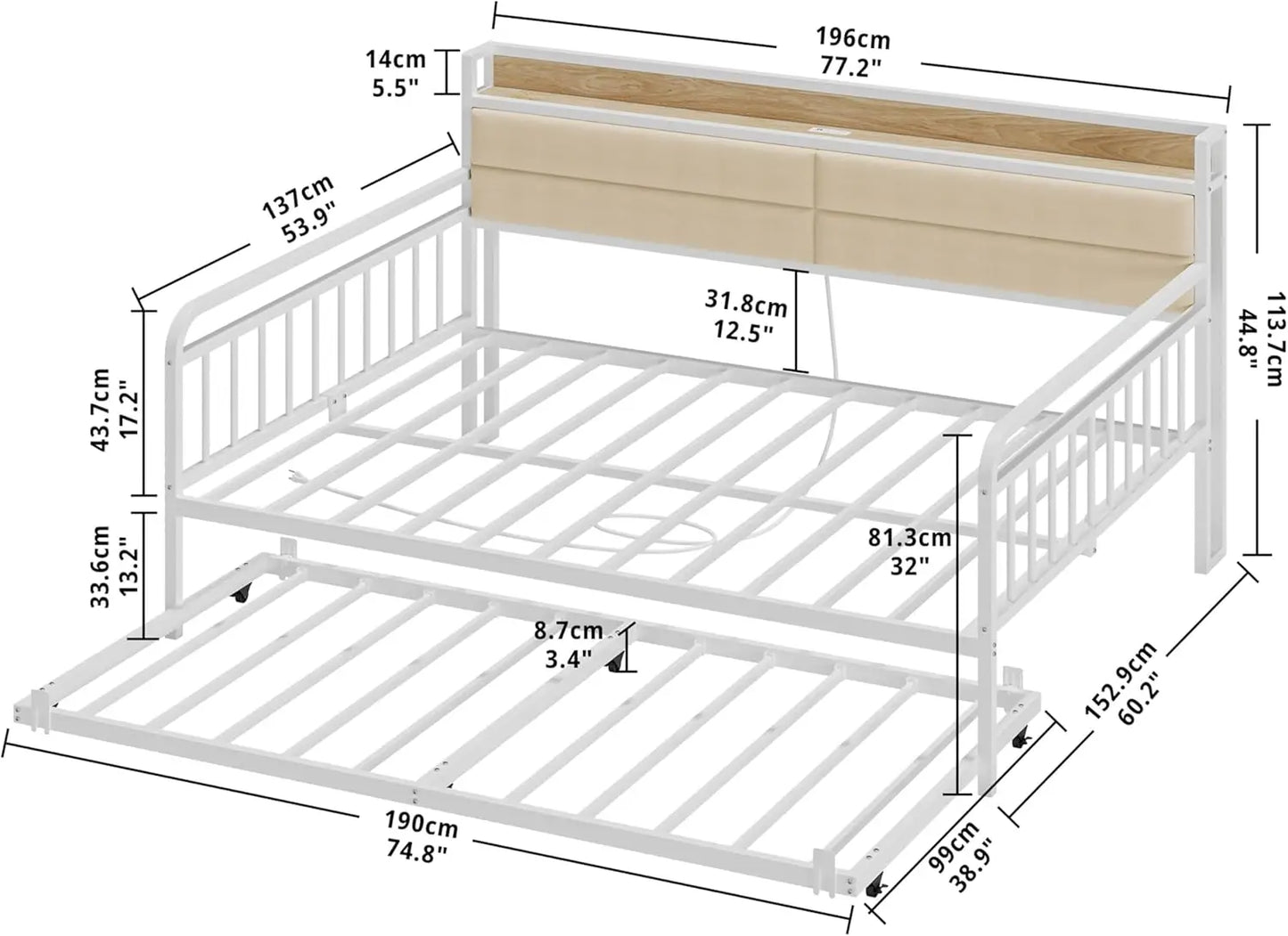Daybed with Trundle, Sturdy Metal Full Twin XL Size Bed Frame with Upholstered Headboard Charging Station